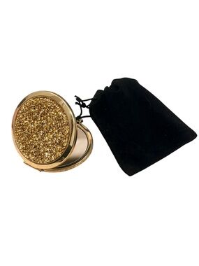 Gold Crystal Encrusted Double Sided Compact Mirror w/ Velvet Pouch